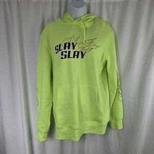 Forever 21 Hoodie Mens Small Yellow Slay Slay Flames Graphic Pullover Sweatshirt